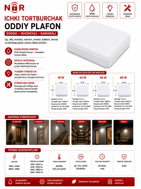 LED plafon chiroq NUR IP54 ichki va tashqi, dumaloq/kvadrat, 10W, 18W, 24W, 36W, 48W