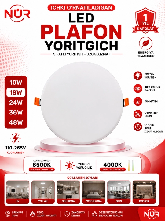 LED plafon chiroq NUR IP54 ichki va tashqi, dumaloq/kvadrat, 10W, 18W, 24W, 36W, 48W