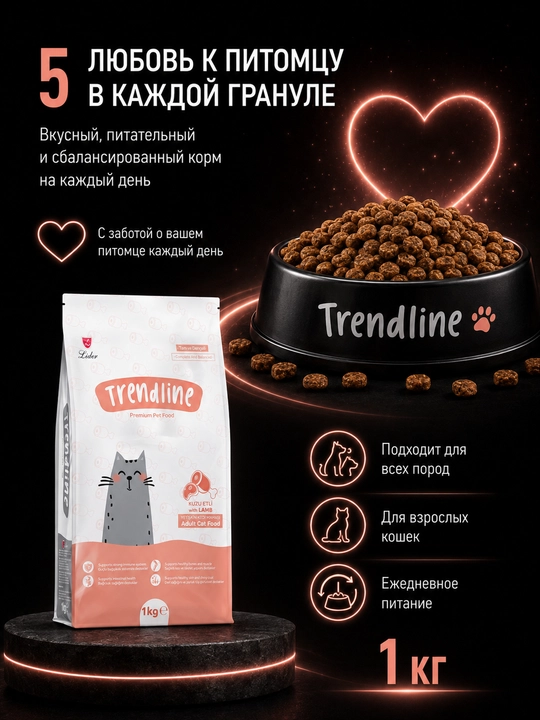 Trendline Premium katta yoshli mushuklar uchun qo‘zichoq go‘shtli quruq yem, 1 kg