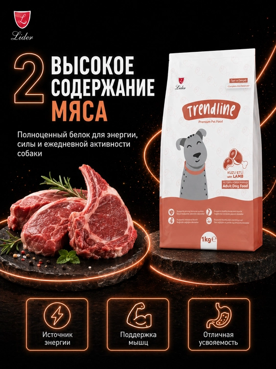 Trendline Premium  katta yoshli itlar uchun qo‘zichoq go‘shtli quruq yemi, 1 kg