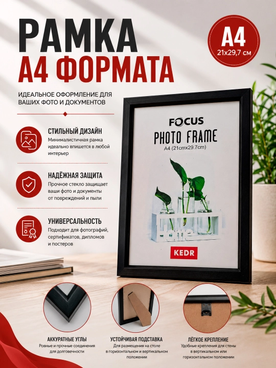 Focus Photo A4 foto ramka Oq, qora va bordo rang 21×29,7 sm, to'plamda 1 ta, uy ofis uchun - 