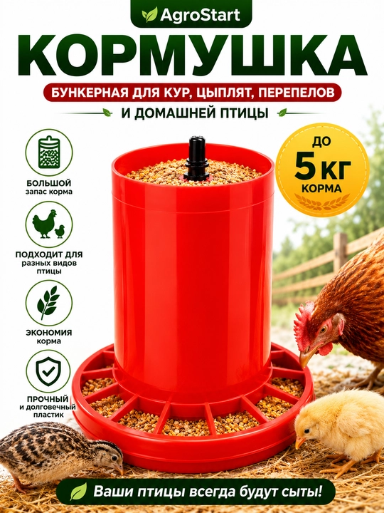 Бункерная кормушка для кур, цыплят, перепелов и домашней птицы, красная, пластиковая