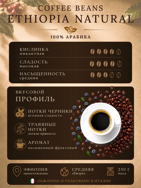 Кофе в зернах Corsini Ethiopia Natural 250 г 100% арабика, средняя обжарка