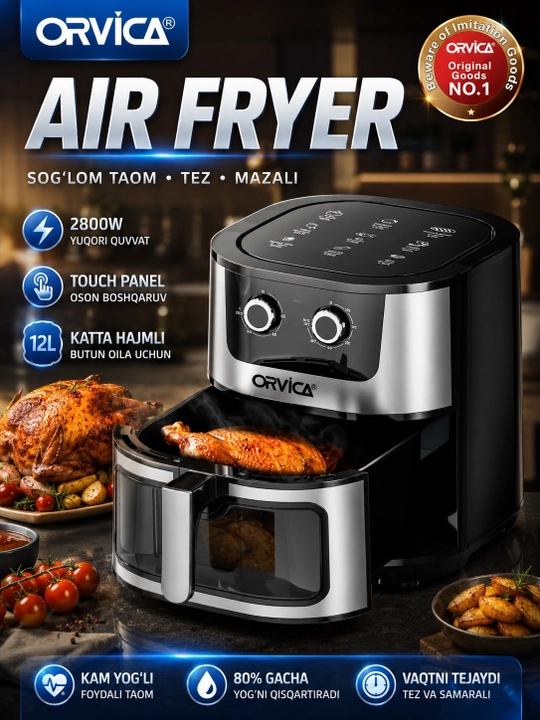 Aerogril ORVICA ORM-8850 12L, 2800W – Air Fryer, elektr pech, yog'siz pishirgich - 