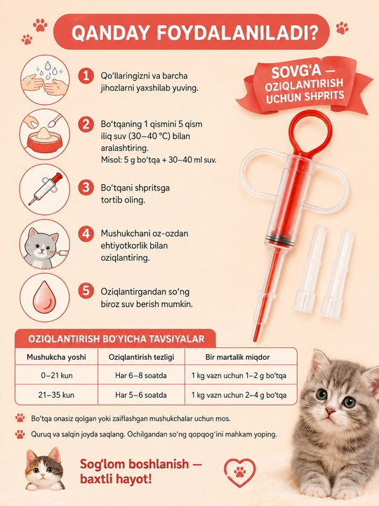 Молочная смесь для новорождённых котят на козьем молоке, каша, шприц в подарок