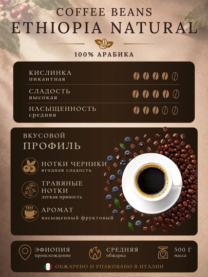 Кофе в зернах Corsini Ethiopia Natural 500 г, 100% Арабика, средняя обжарка