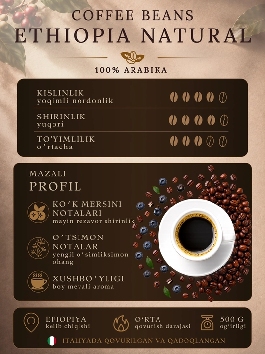Кофе в зернах Corsini Ethiopia Natural 500 г, 100% Арабика, средняя обжарка