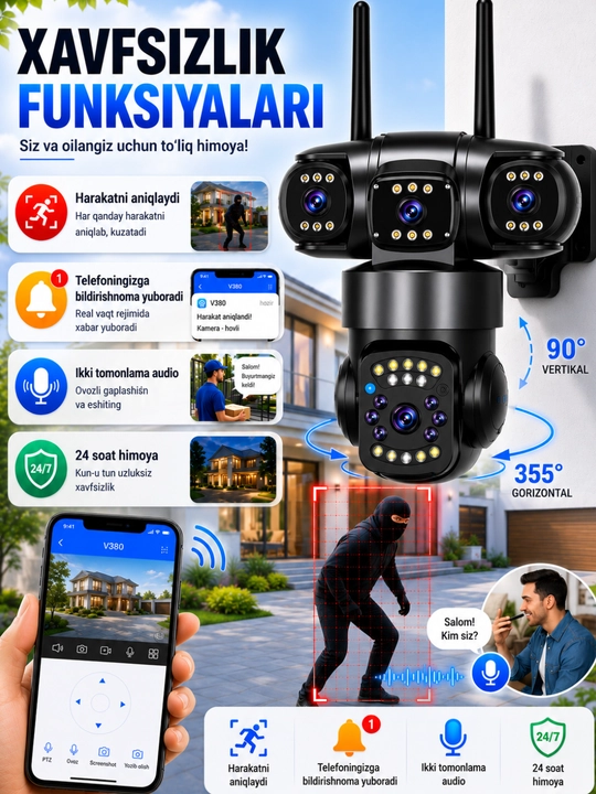 SIM-karta+12v va quyosh panelli 4G kamera Wi-Fi va elektr quvvati bo'lmagan hududlar uchun - 