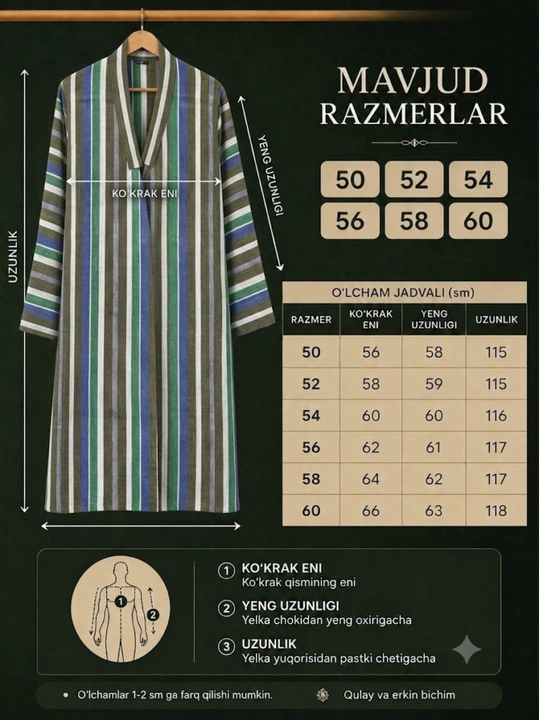 Erkaklar yaktagi milliy chopon, yozgi, paxtali, erkaklar kiyimi, erkaklar xalati