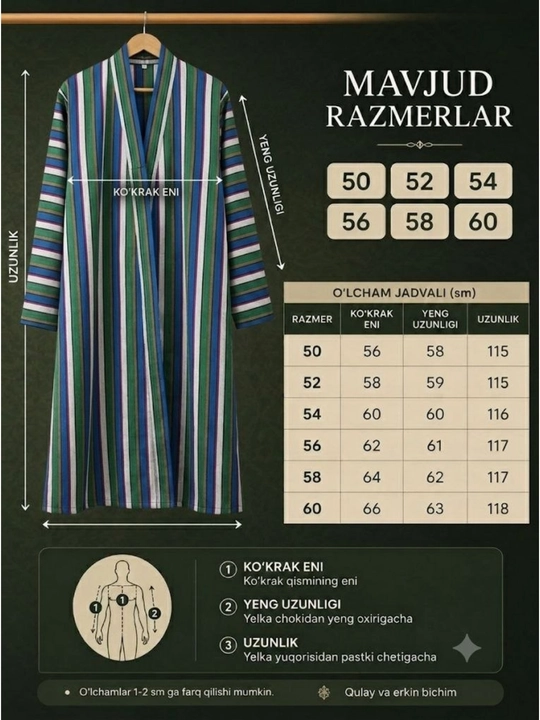 Erkaklar yaktagi milliy chopon, yozgi, paxtali, erkaklar kiyimi, erkaklar xalati