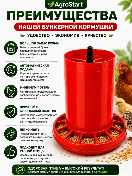 Бункерная кормушка для кур, цыплят, перепелов и домашней птицы, красная, пластиковая