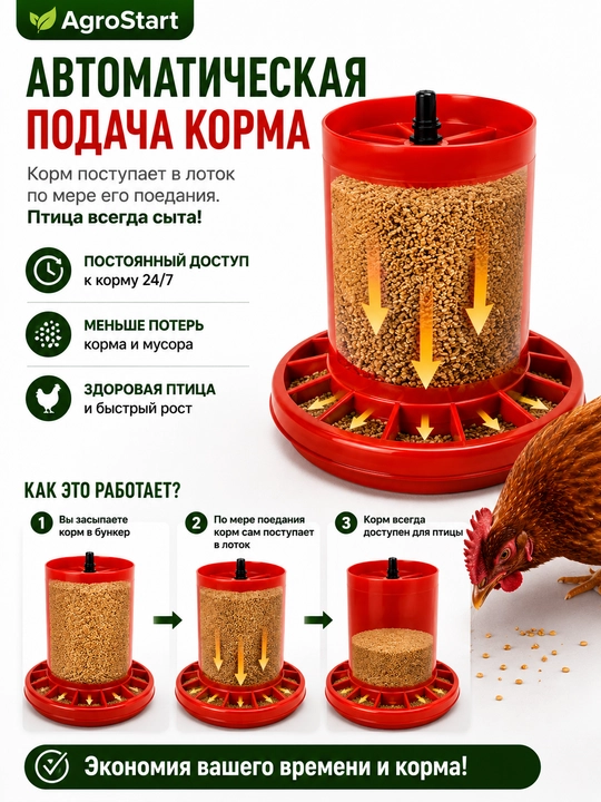 Бункерная кормушка для кур, цыплят, перепелов и домашней птицы, красная, пластиковая