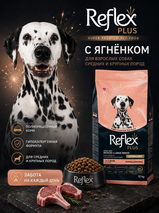 Reflex Plus Sterilised barcha yoshli zotli itlar uchun qo‘zichoq go‘shtli quruq yem, 12 kg - 