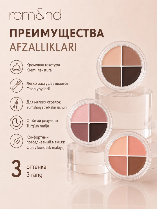 Rom&nd Han All Eye Pot Liner 5 g, 4 tasi 1 da ko'z palitrasi, 3 ta rang