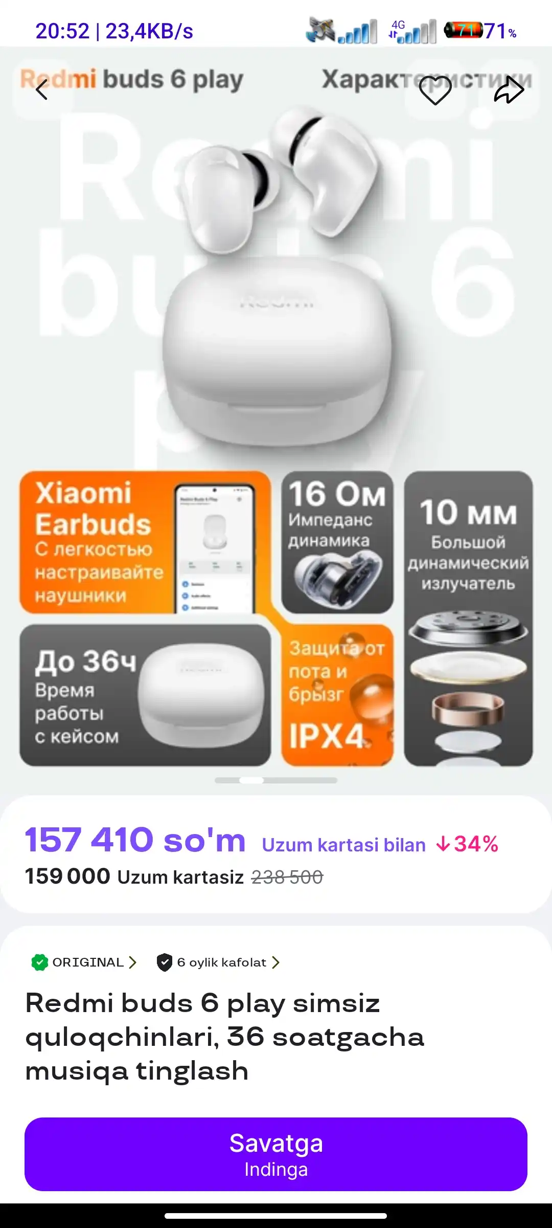 Redmi buds 6 play simsiz quloqchinlari, 36 soatgacha musiqa tinglash