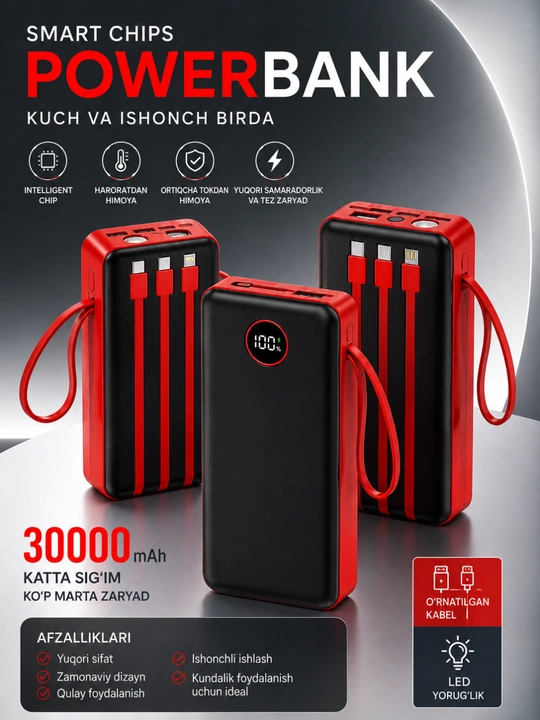 Power Bank 10000/20000/30000mAh 22.5W быстрая зарядка LED дисплей USB порты - 