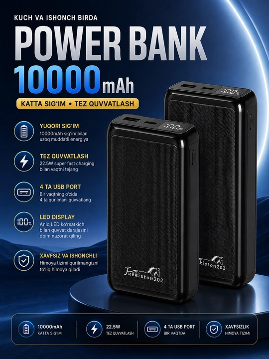 Power Bank 10000/20000/30000mAh 22.5W быстрая зарядка LED дисплей USB порты - 