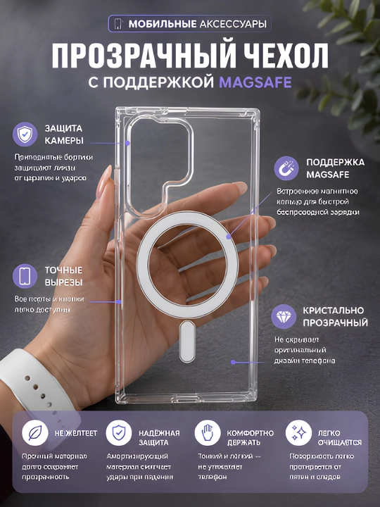 Чехол MagSafe для Самсунг "Ultra"силикон, прозрачный, противоударный, премиум - 