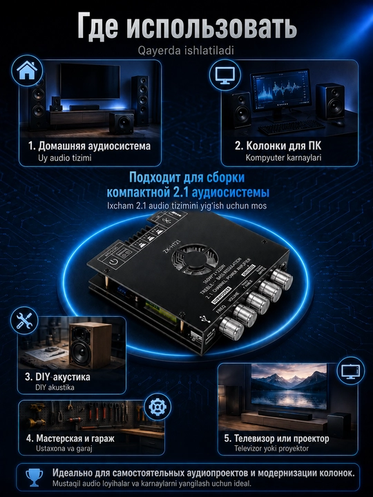 Усилитель звука 2.1, усилитель колонок, для сабвуфера, 320Вт, Bluetooth, AUX, USB, ZK-HT21