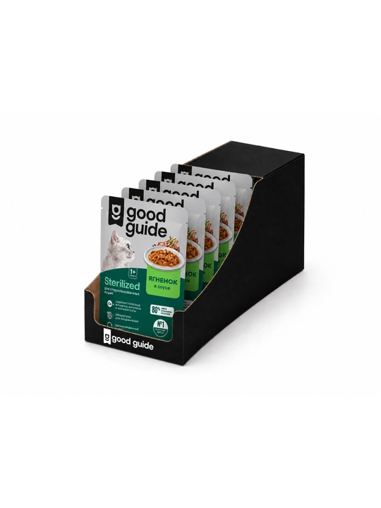 Good Guide steril mushuklar uchun qo‘zi go‘shtli sousli nam yem, 75 g, 28 dona
