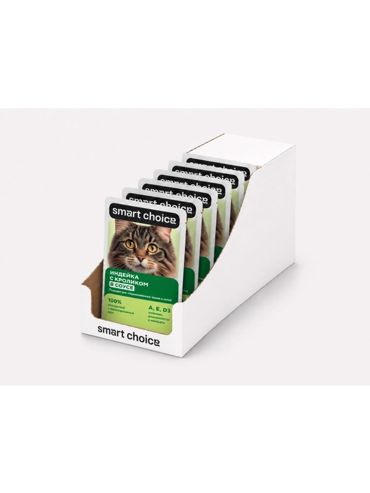 Smart Choice mushuklar uchun sousdagi nam yem, kurka va quyon go‘shti ta’mi, 75 g, 28 dona