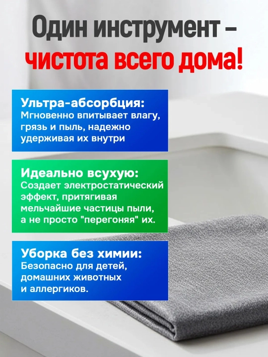 Тряпка из микрофибры для уборки, стекол, зеркал и окон без разводов, умная салфетка