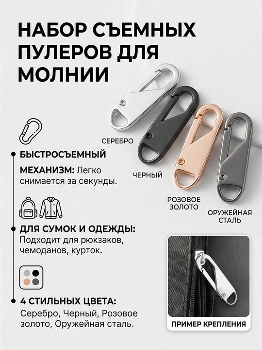 Сменные бегунки для молнии 4 шт, для одежды и сумок