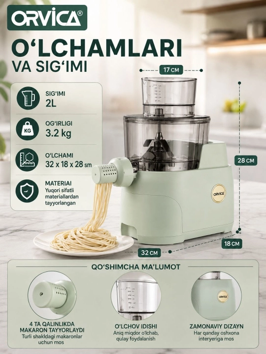 Avtomatik makaron apparati ORVICA ORM-989 – Pasta Maker, noodle maker, xamir apparati