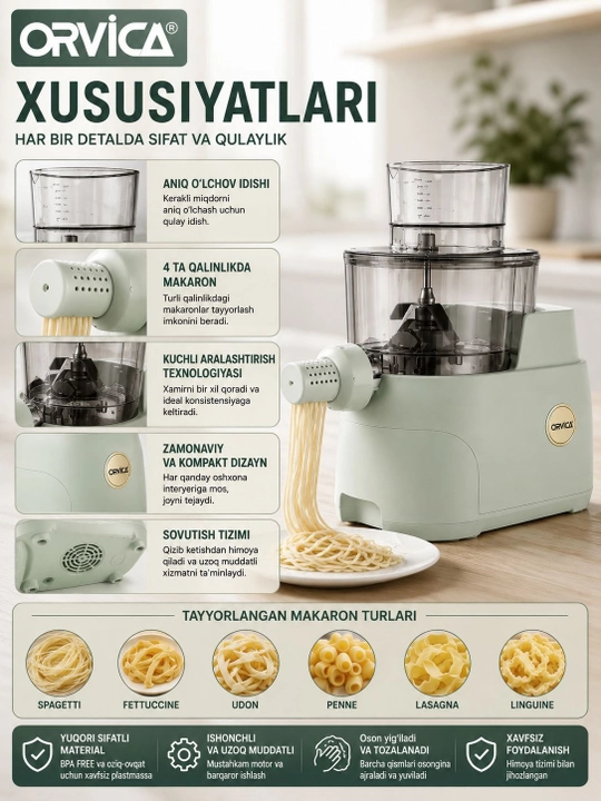 Avtomatik makaron apparati ORVICA ORM-989 – Pasta Maker, noodle maker, xamir apparati