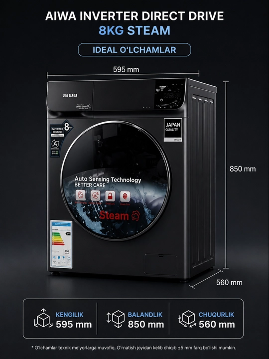 AIWA Inverter Direct Drive Steam kir yuvish mashinasi, 8 kg