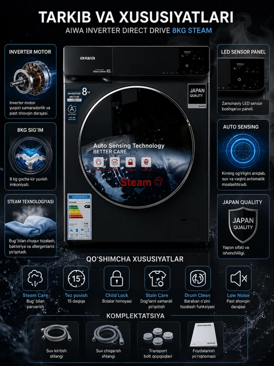 AIWA Inverter Direct Drive Steam kir yuvish mashinasi, 8 kg