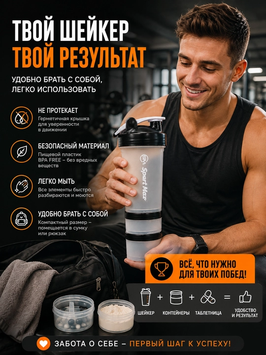 Protein uchun 500 ml shaker, venchik va konteynerlar bilan, kokteyl va sport uchun
