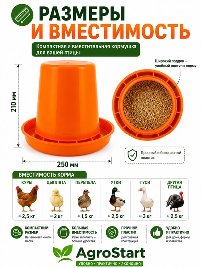 Бункерная кормушка для цыплят, кур, перепелов и домашней птицы, оранжевая