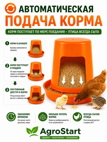 Бункерная кормушка для цыплят, кур, перепелов и домашней птицы, оранжевая