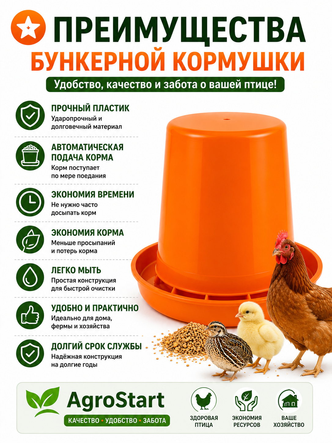 Бункерная кормушка для цыплят, кур, перепелов и домашней птицы, оранжевая