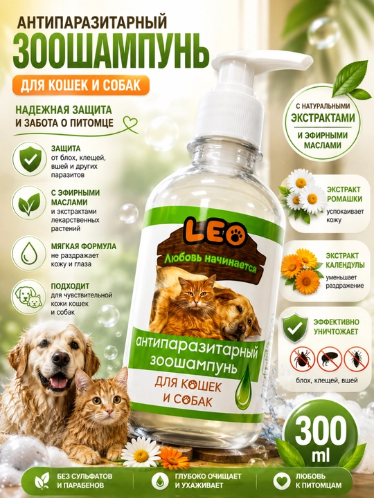 Mushuk va itlar uchun LEO burga va kanalarga qarshi parazitlarga qarshi zooshampun, 300 ml - 