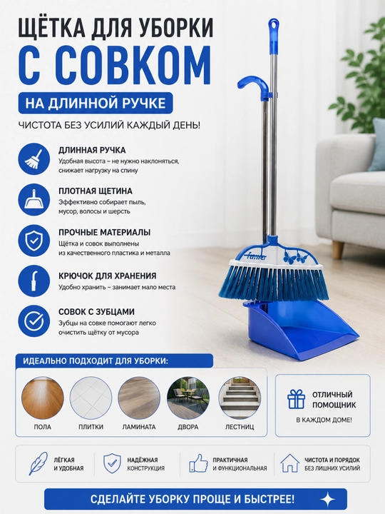 Щетка для уборки с совком, на длинной ручке - 