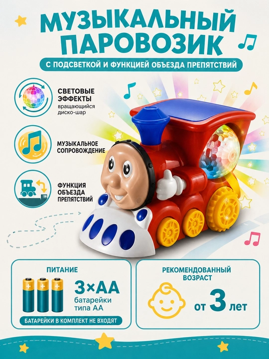 Musiqali poyezd o'yinchoq yoritgichli bolalar uchun poyezd batareykada ishlaydi