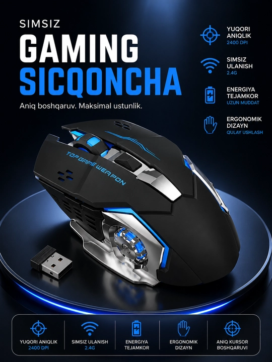 Беспроводная игровая мышь | RGB | Регулируемый DPI | Эргономичная | Для ПК и ноутбука - 