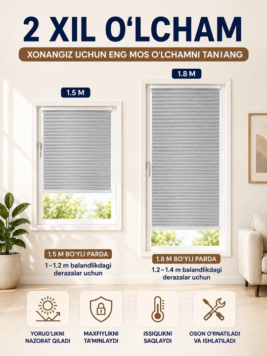Deraza va balkon uchun yopishqoq Blackout plisse pardalar, teshishsiz o‘rnatish