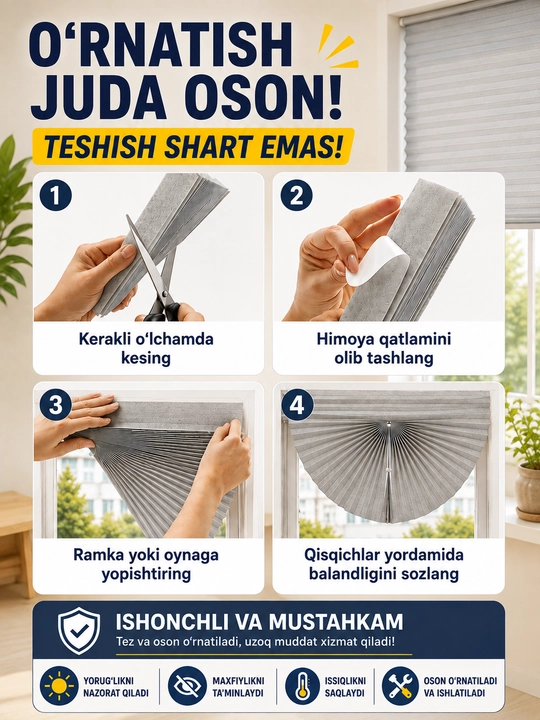 Deraza va balkon uchun yopishqoq Blackout plisse pardalar, teshishsiz o‘rnatish
