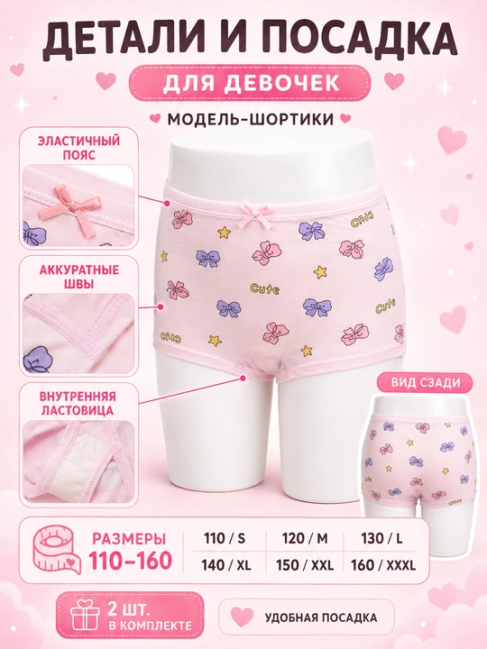 Детские трусики-шортики для девочек, в комплекте 2шт