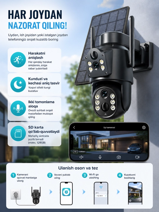 Smart Wi-Fi Kamera, Full HD PTZ tashqi kuzatuv kamerasi