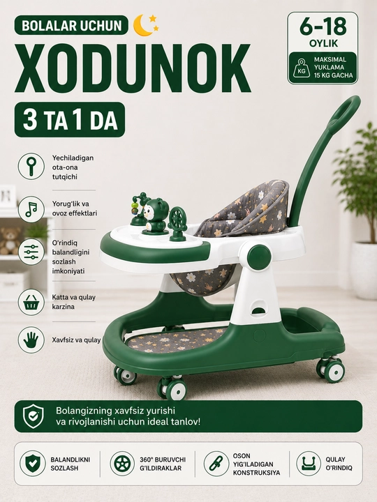 Bolalar xodunogi 3 tasi 1 da musiqali paneli bilan, kulrang