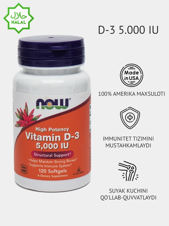 Vitaminlar D3 Now Foods, 5000 IU, 125 mkg, 120 kapsula - 