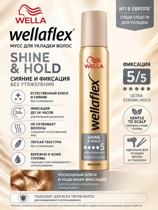 Wellaflex Мусс для волос Shine & hold 5/5 фиксации 200 мл - 
