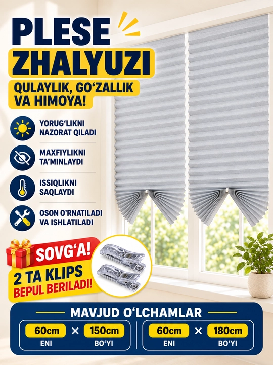 Deraza va balkon uchun yopishqoq Blackout plisse pardalar, teshishsiz o‘rnatish - 