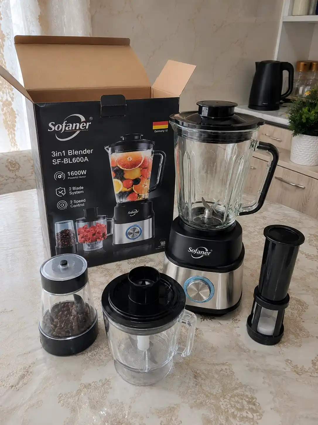 Блендер Sofaner SF-008 1600 Вт, 3 в 1, измельчитель, кофемолка