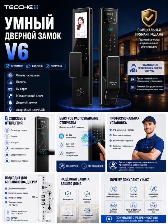 Умный дверной замок TECCHE V6 с Face ID, отпечатком, Wi-Fi, камерой HD и Tuya - 