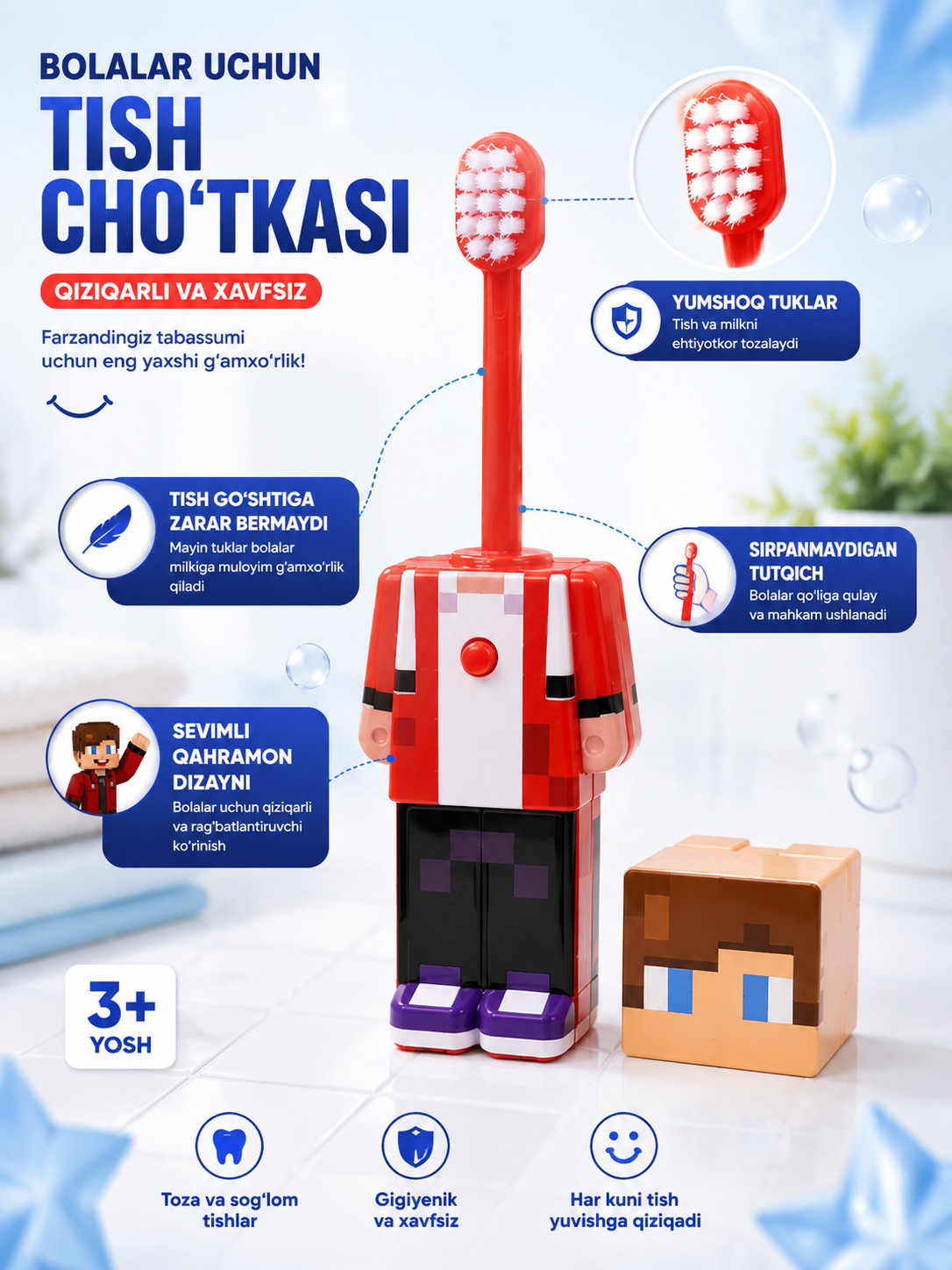 Minecraft va boshqa qahramonli bolalar tish chotkasi